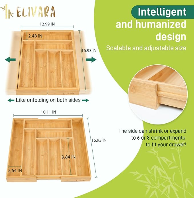 100% Bamboo Expandable Drawer Organizer - Adjustable Utensil and Cutlery Tray for Kitchen, Office, and Bathroom Storage.