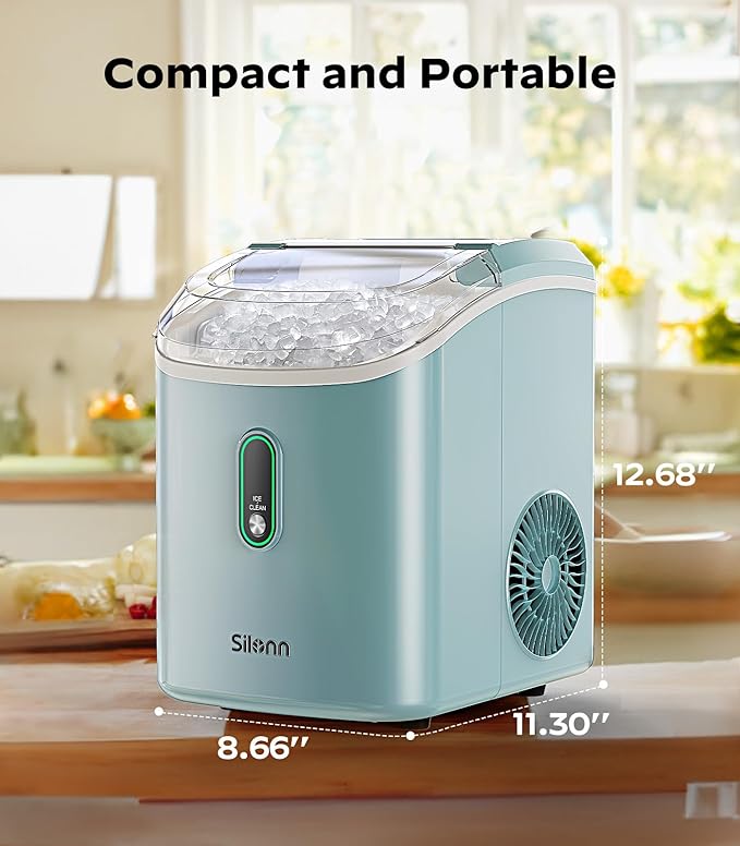 Silonn Nugget Ice Maker Countertop, Pellet Ice Machine with Self-Cleaning Function, Sonic Ice Maker Produces 33lbs of Chewable Ice in 24 Hours, Ideal for Home Kitchen and Office (Green)