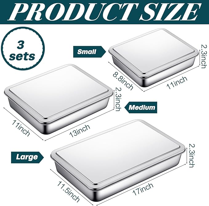 Tioncy 3 Sets Stainless Steel Cake Pan with Lid 17/13/11 Inch Rectangle Sheet Baking Pan with Covers Bakeware with Lids for Cakes Breads Casseroles Fish Vegetables and More