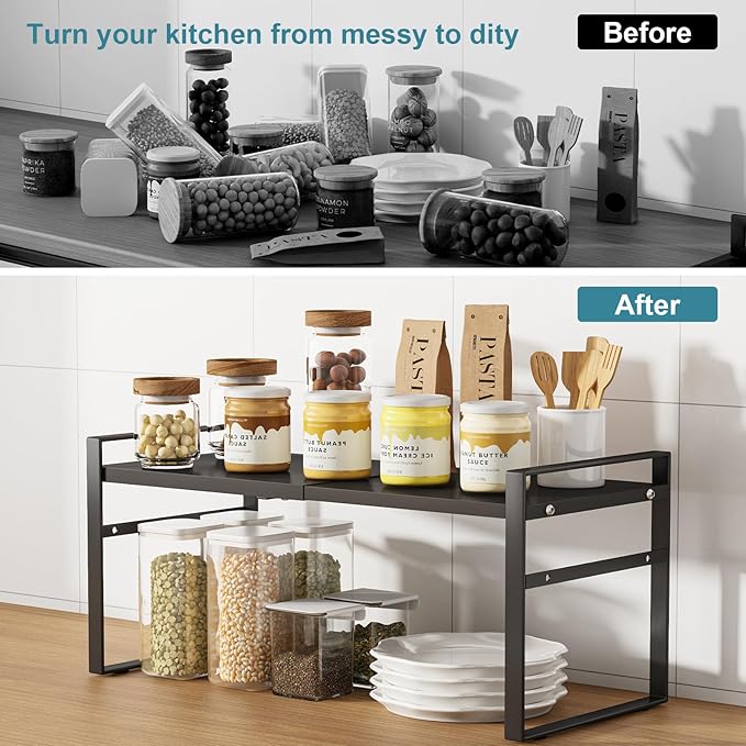 Expandable Cabinet Shelf Organizer Riser for Kitchen Pantry Cupboard Under Sink Countertop Home Storage Organization Rack Space Saver