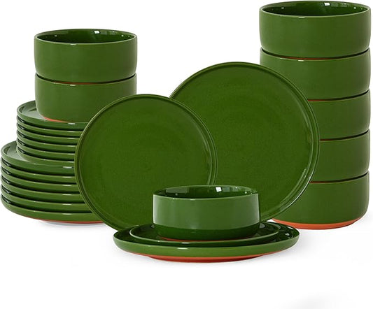 24 Piece Ceramic Dinnerware Set for 8, Modern Minimalist Stoneware Dinner Plates and Bowls, Microwave Safe, Dishwasher Safe, Versatile for All Seasons, Forest Glaze Green