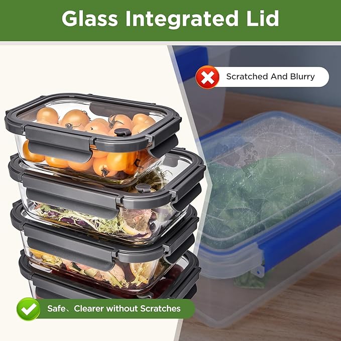 Glass Food Storage Containers with Lids, 10 Pack of 21oz, Glass Meal Prep Container with Airtight Lids, Microwave Safe Food Container Set, BPA Free, LeakProof, Ideal for Lunch