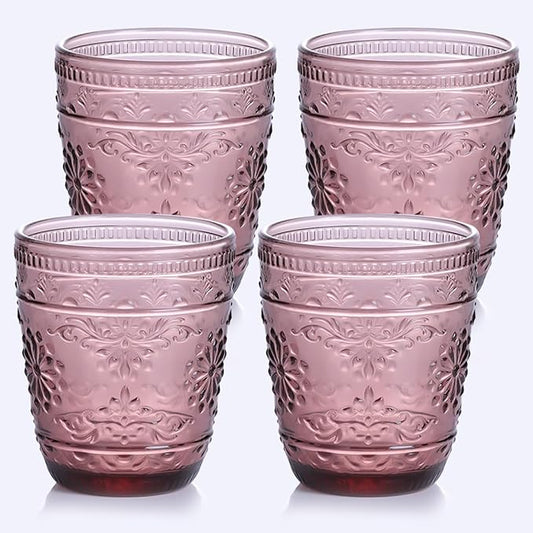 Purple Glassware set of 4, 10OZ Drinking Glasses, Purple Heavy Duty Glass Cups, Colored Glassware Set, Embossed Glasses Set for Party Wedding Home Office Gift