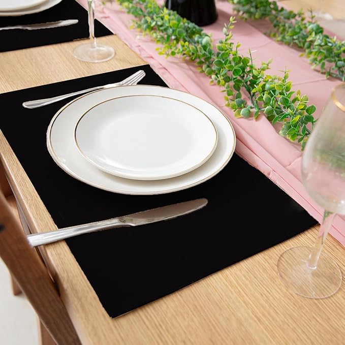 Linen Fabric Placemats Set of 4, Machine Washable, Heat Resistant, Wrinkle Free, Thick Polyester Kitchen Place Mats for Dining Table (Black)