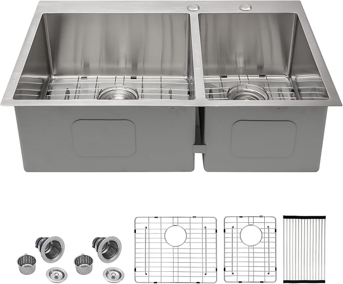 Drop In Kitchen Sink Double Bowl - Funmier 33 Inch Double Bowl Kitchen Sink 60/40 33"x22" Stainless Steel 16 Gauge Deep Bowl Basin