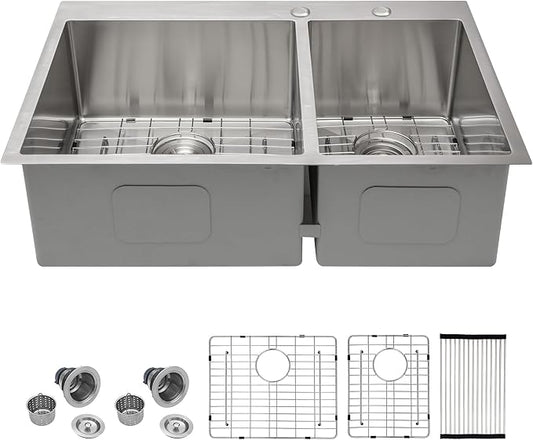 Drop In Kitchen Sink Double Bowl - Funmier 33 Inch Double Bowl Kitchen Sink 60/40 33"x22" Stainless Steel 16 Gauge Deep Bowl Basin