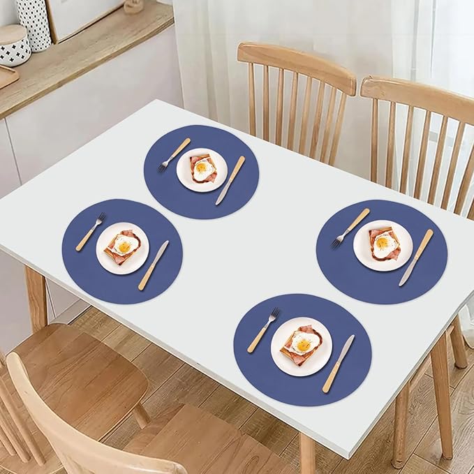 Faux Leather Placemats Set of 6 Reversible,Round PU Placemat for Dining Table,Waterproof Table Mats Heat Resistant Wipeable Anti Slip Washable,Modern Table Protectors(Navy Blue and Yellow)