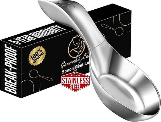 Break-Proof Kitchen Spoon Rest for Stove Top – Premium Stainless Steel Spoon Holder for Kitchen Counter – Mirror-Polished, Heavy-Duty with a Luxury Look – Dishwasher Safe & 5-Year Warranty