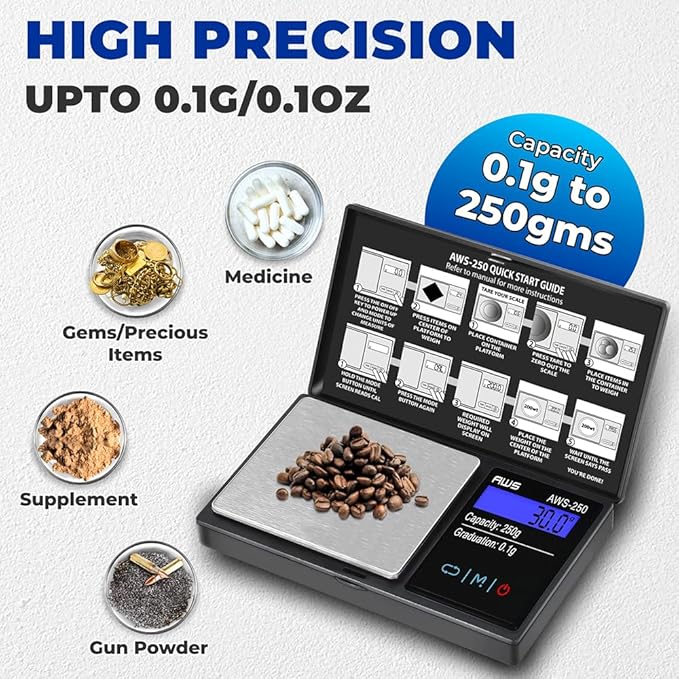 American Weigh Scales Series Digital Pocket Weight Scale Accurately Measures, Backlit LCD Display 250g x 0.1g, (Black), AWS-250-BLK
