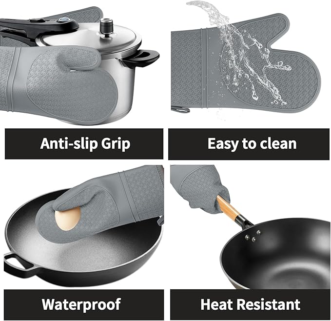 Hovico Silicone Oven Mitts, Heat Resistant 500F Kitchen Mitts 2PCS, 11.6" BPA-Free Soft Baking Gloves, Non-Slip Grip Oven Gloves with Soft Cotton Lining for Kitchen Cooking Baking BBQ - Gray