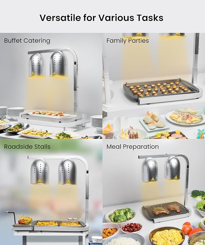 SYBO DL2112 Commercial Grade Food Heat Lamp, Electric 2-Bulb Food Warmer with Adjustable Stand, 500W, Silver