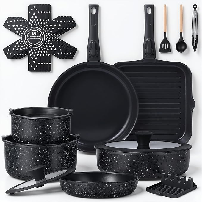 Ammeloo 21 Pcs Pots and Pans Set Non Stick with Detachable Handle & Grill Pan, Induction Ceramic Cookware Set, Non Toxic Kitchen Pots and Pans Set for RVs,Camping, Oven/Dishwasher Safe, Black