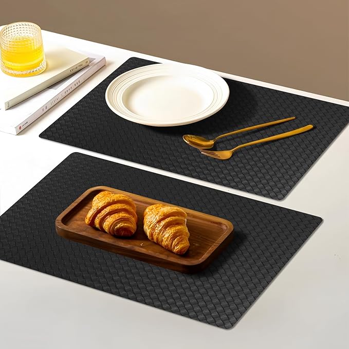Vinyl Placemats Set of 6-12×17.7 Inch Waterproof & Heattable Placemats, Fall Faux Leather Wipeable Outdoor Table Mat for Dining, Kitchen, Indoor Outdoor Use (Black, Woven Pattern)