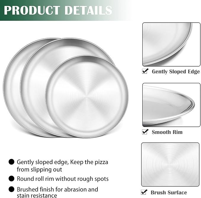 P&P CHEF 12 + 13.5 + 13.5 Inch Pizza Pan, 3 Pieces Stainless Steel Round Pizza Tray Dish Plate For Oven Baking Roasting, Healthy & Heavy Duty, Rust Free & Dishwasher Safe -Silver