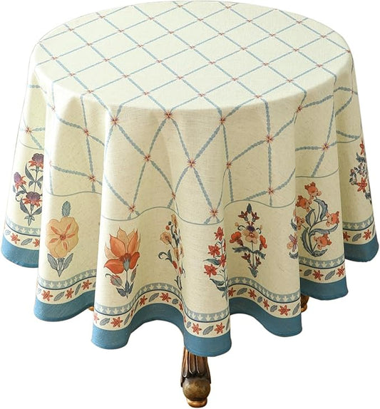 French Tablecloth for Round Tables,Linen Table Cloth with Colorful Flowers and Leaves Pattern,Heavy Durable Soft Table Cover for Dining Kitchen Decor Party Christmas,Diameter 67"