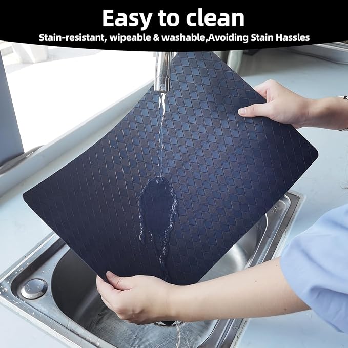 Vinyl Placemats Set of 6-12×17.7 Inch Waterproof & Heattable Placemats, Fall Faux Leather Wipeable Outdoor Table Mat for Dining, Kitchen, Indoor Outdoor Use (Dark Blue, Diamond Pattern)