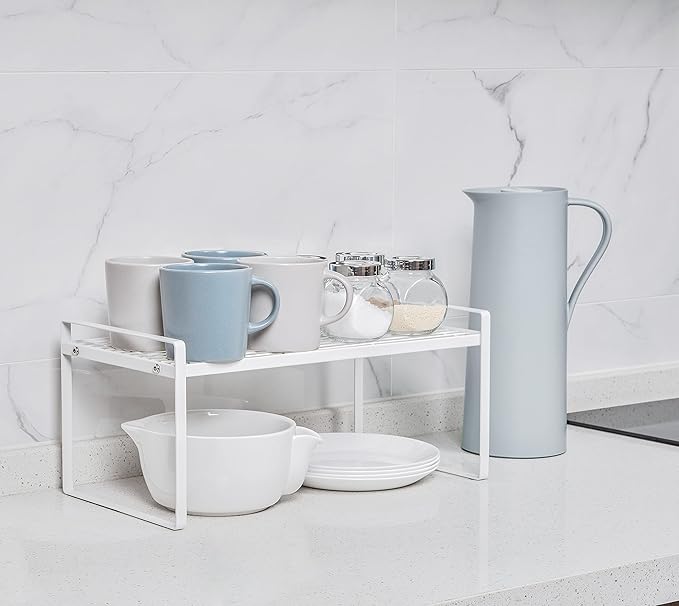 2Pack Cabinet Shelf Organizer Storage Rack Space Saving for Kitchen Counter Pantry Bathroom Cupboard Under Sink Office Table Desk Steel Stackable Rust Resistant Heavy Duty Nonslip 16” White