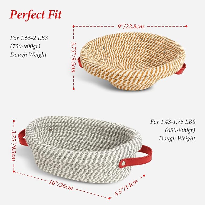 Sourdough Starter Kit - Round & Oval Cotton Rope Banneton Bread Proofing Basket Set, 34oz Sourdough Starter Jar & Bread Making Tools Kit, Sourdough Bread Baking Supplies, Red