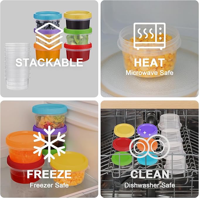 8 oz Plastic Containers with Lids, 12 Pack Stackable Small Freezer Container, Reusable Clear Food Storage Meal Prep Containers for Snack Fruit, Microwave & Dishwasher Safe, with Pen & Brush