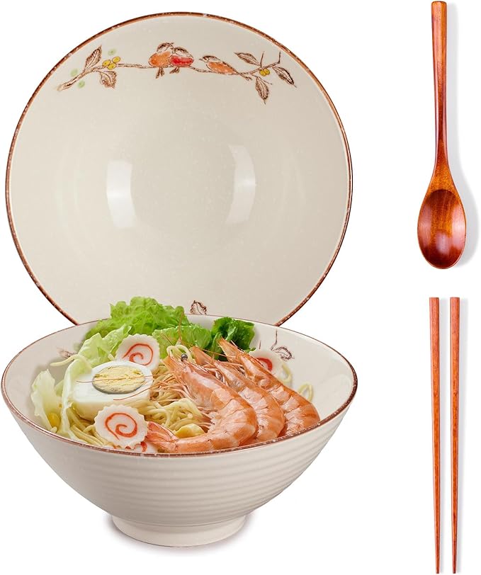 40 OZ ceramic ramen bowls, 8 IN large Japanese noodle soup bowl, match chopsticks and spoons, suitable for Pho, Udon Asian noodles (Flowers and birds)