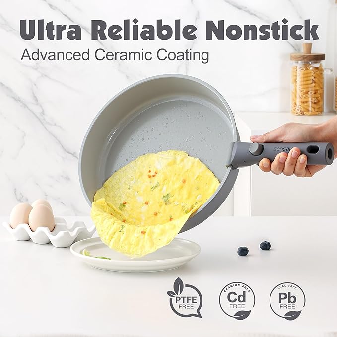 SENSARTE 17 Piece Ceramic Pots and Pans Set, Nonstick Detachable Handle Cookware, Induction Kitchen Cookware Set with Removable Handle, Dishwasher ＆ Oven Safe (Gray)