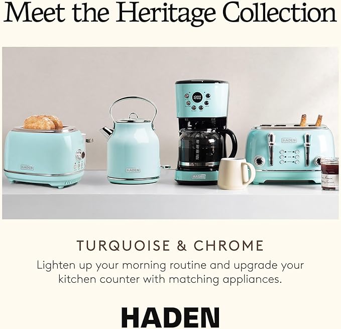 Haden Heritage 4 Slice Wide Slot Stainless Steel Toaster with Adjustable Browning Control & Non-Slip Feet, Turquoise & Chrome
