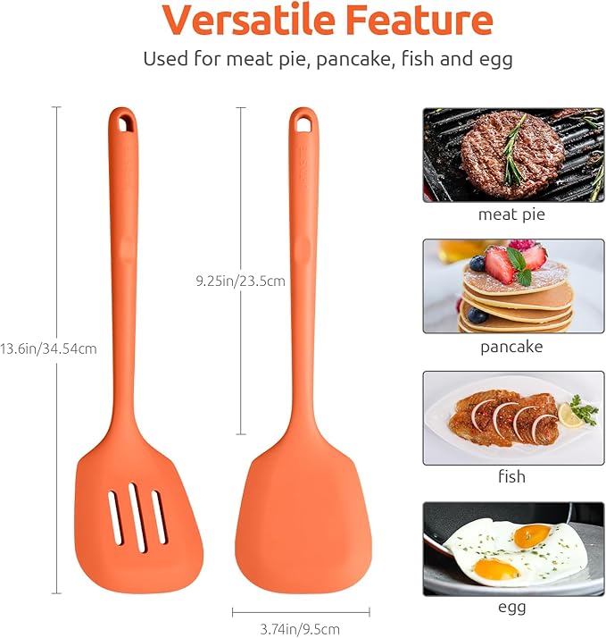 600ºF Heat Resistant Silicone Turners: U-Taste 13.6in Long Solid & Slotted Kitchen Spatula Flipper, Large Flexible Cooking Utensil for Flipping Egg, Pancake in Nonstick Cookware(Orange, 2PCS)
