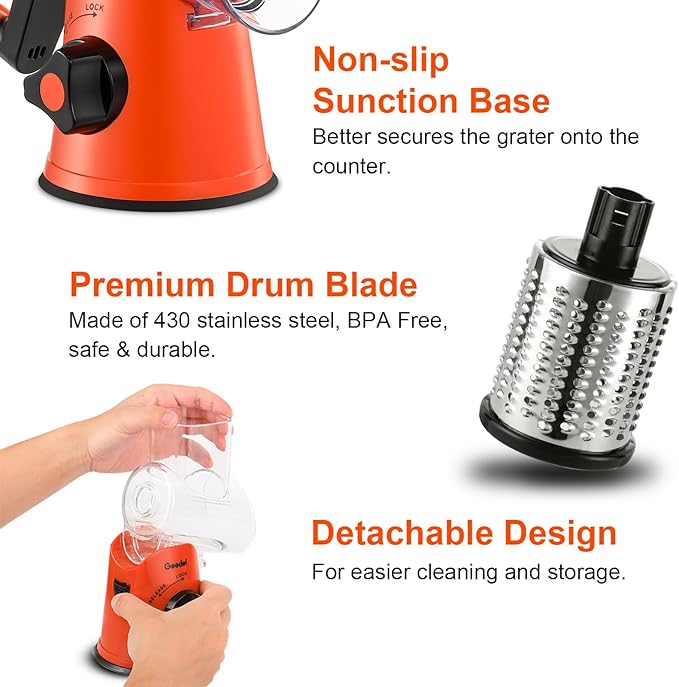 Geedel Rotary Cheese Grater, Kitchen Mandoline Vegetable Slicer with 3 Interchangeable Blades, Easy to Clean Rotary Grater Slicer for Fruit, Vegetables, Nuts