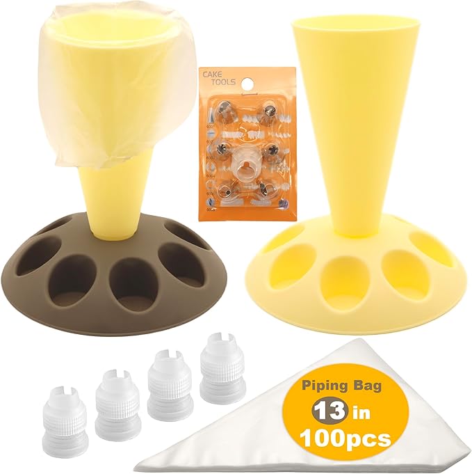 2 Pack Piping Bag Holder – Piping Bag Holder Stand for Filling, Icing Bag Holder, Pastry Bag Holder Stand with 8 Nozzle Slots, Includes 100 Pcs 13 in Piping Bags, 6 Icing Nozzles & 5 Couplers