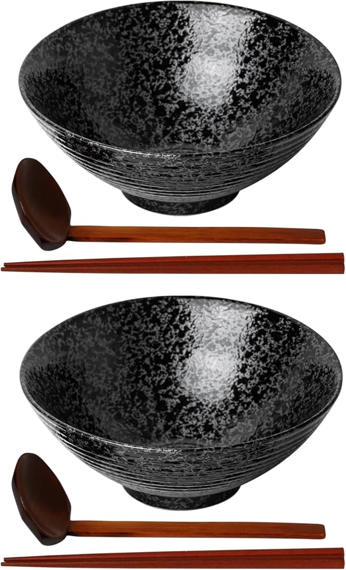 Kanwone Ceramic Japanese Ramen Bowl Set, Noodle Soup Bowls - 37 Ounce, with Matching Spoons and Chopsticks for Udon Soba Pho Asian Noodles, Set of 2, Black