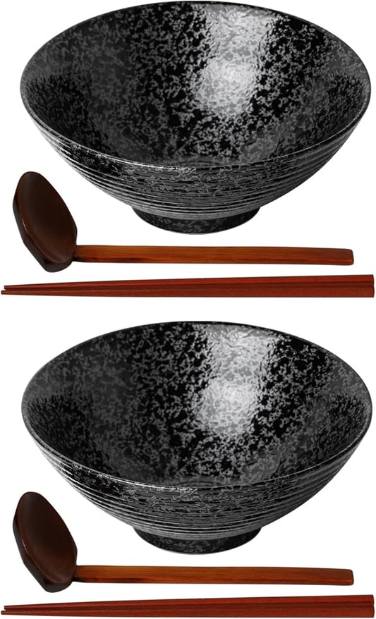 Kanwone Ceramic Japanese Ramen Bowl Set, Noodle Soup Bowls - 37 Ounce, with Matching Spoons and Chopsticks for Udon Soba Pho Asian Noodles, Set of 2, Black