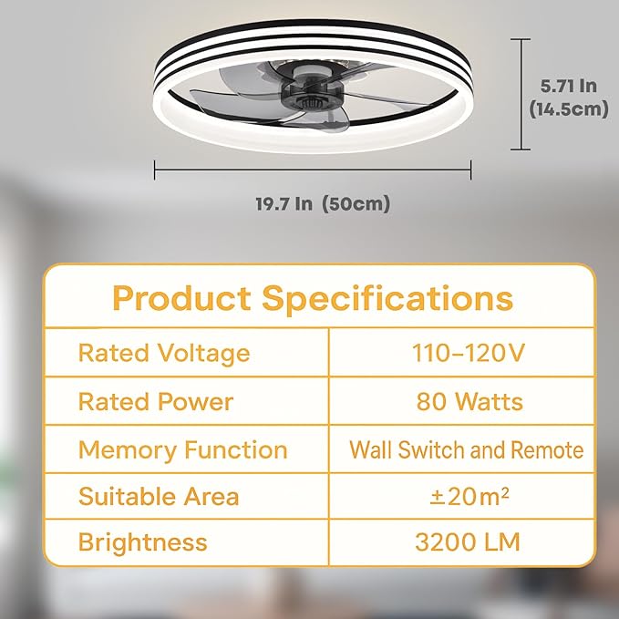 20‘’ Ceiling Fan with Light, Upgraded Low Profile Fan, Flush Mount Ceiling Fan, 6 Speeds, Dimmable LED, App & Remote Control, Quiet DC Motor, for Bedroom, Living Room, F118 Black