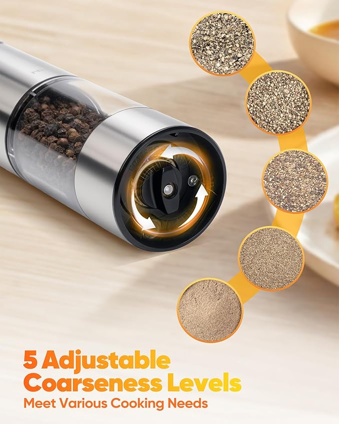 Electric Salt and Pepper Grinder Set Rechargeable, Automatic Salt and Pepper Grinder Set for Kitchen, USB Charging Base & LED Light, Adjustable Coarseness, Stainless Steel