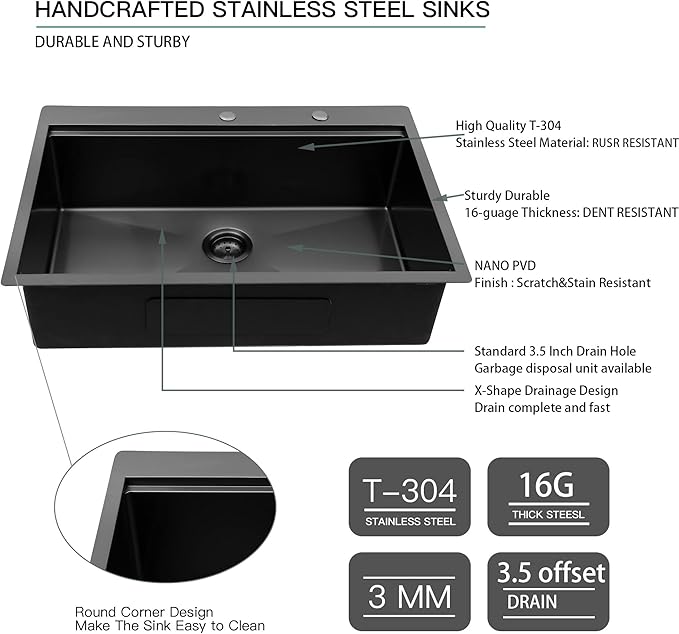 Lordear 28 Inch Drop in Kitchen Sink Gunmetal Black Drop in Single Bowl 16 Gauge Stainless Steel Ledge Workstation Topmount Overcounter Handmade Sink Basin, 28"x22"x10"
