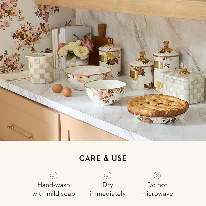 MACKENZIE-CHILDS Enamel Measuring Cup, Cute Measuring Cup with Pour Spout, 7-Cup Capacity, Brown-and-White Mocha Check