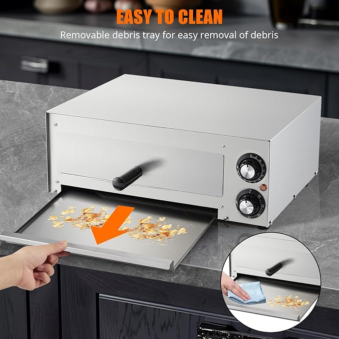 1100W Countertop Electric Pizza Oven,Stainless Steel Pizza Oven Maker with Timer & Removable Tray for Home, Kitchen & Restaurant, Silver