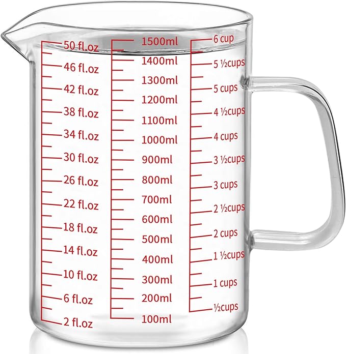 Luvan 6 Cups Glass Measuring Cup, Easy to Read with 3 measurement scales (Ml/Oz/Cup), Insulated Handle and V-shaped Spout, High Borosilicate Glass Measuring Cup, Ideal for Kitchen or Restaurant