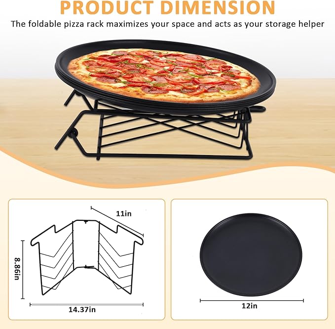 JIAWANSHUN Folding Pizza Rack Stand 4-Layer Stainless Steel with 12-Inch Non-Stick Pan,Oven-Safe Baking & Cooling Holder for Home Kitchens,Pizza Shops,Commercial Restaurants