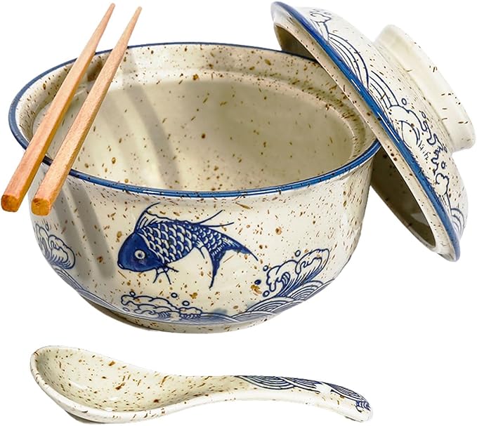 Ceramic Ramen Bowl Set, 800ml, with Lid, Spoon and Chopsticks, Japanese Vintage Large Soup Bowls Instant Noodle Bowl Asian Tableware (Fish*1)