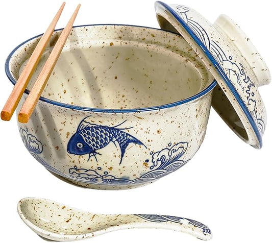 Ceramic Ramen Bowl Set, 800ml, with Lid, Spoon and Chopsticks, Japanese Vintage Large Soup Bowls Instant Noodle Bowl Asian Tableware (Fish*1)