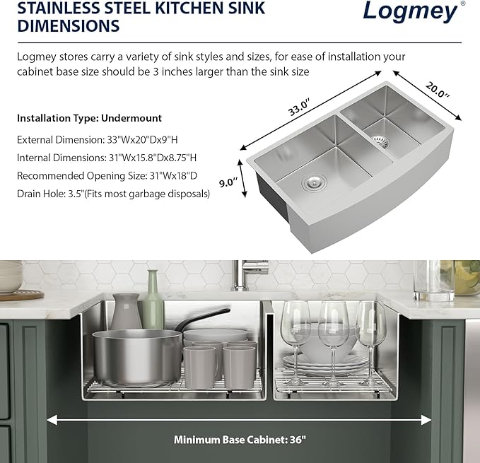 Logmey 33 Inch Double Farmhouse Sink - Apon Front Double Kitchen Sink 16 Gauge Stainless Steel Farmhouse Sink 33x20x9 Inch Double Bowl 60/40 Kitchen Sink