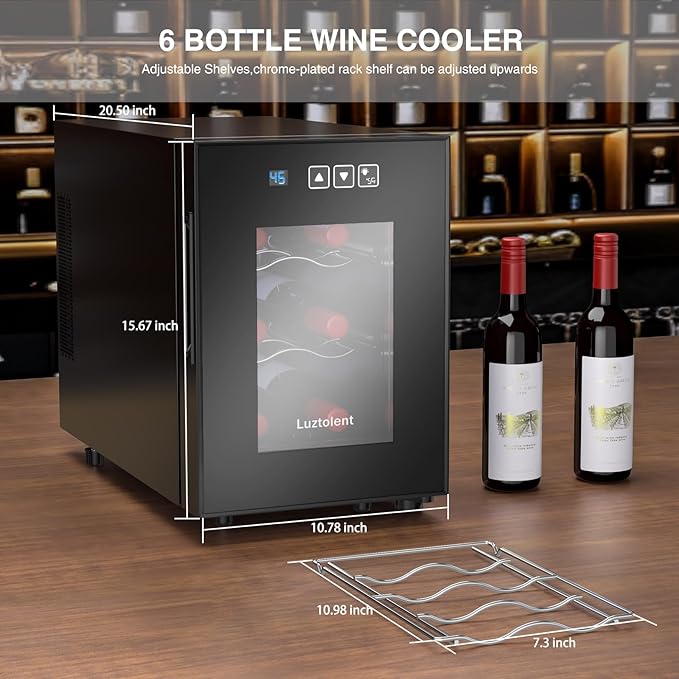 6 Bottles Wine Fridge, Thermoelectric Countertop Wine Cooler Refrigerator, 46-66℉ Digital Temperature Control &Energy Efficient Cooling, 38dB Quiet Mini Fridge for Home, Apartment or Office