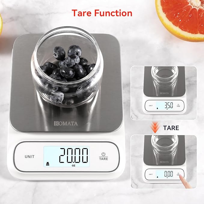 BOMATA Waterproof IPX6 Kitchen Scale, 0.1 g/0.01 oz High Precision, 5 kg/11 lbs, Digital Scale with Backlight, Stainless Steel Weighing Platform, for Food, Cooking, Baking, Weight Loss.. B619, White