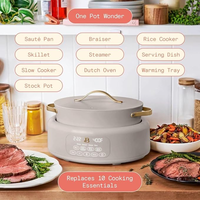 Beautiful 10-in-1 6-Qt Programmable Multi-Cooker with Oven-Safe Pot & 7 Presets – Slow Cook, Rice, Steam, Sauté (Porcini Taupe)