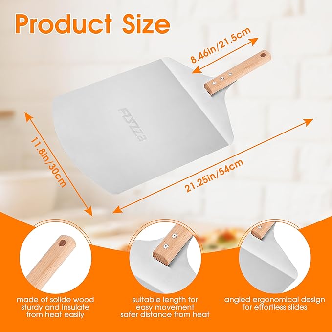 12 inch Stainless Pizza Peel for Large Oven, Pizza Spatula with Ergonomic Handle for Pizza Oven Baking, Turing Peel for Pizza, Dough, Bread Pastry, 12" W x 14.6" L