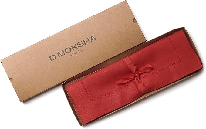 D'Moksha Homes Linen Placemats Set of 4 - Classic Hemstitch Bright Red Placemats 14 x 19 Inch - 100% Pure Linen Table Mats for Fall, Autumn and Halloween - Handcrafted and Machine Washable