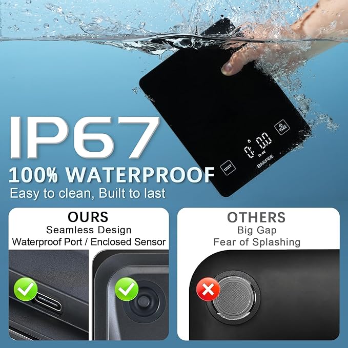 IP67 Waterproof Food Scale with Tempered Glass Surface, 22lb Kitchen Scale 1g Precision, USB Rechargeable, LED Display, Grams and Ounces, for Baking, Cooking, Making Sourdough Bread. Black