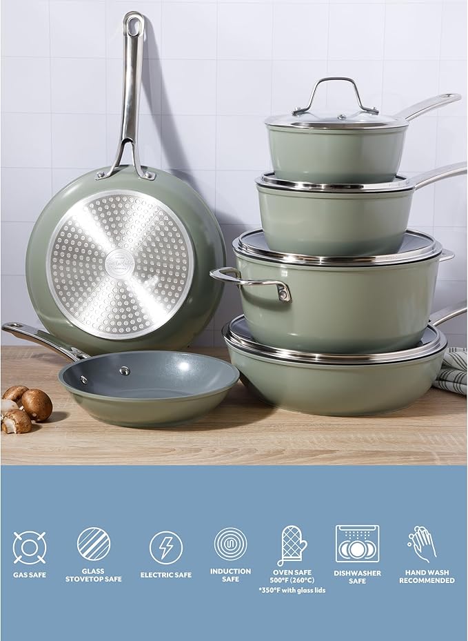 Sur La Table Kitchen Essentials Cool Commune Hard Anodized 10 Piece PFA Free Ceramic Non stick Interior Forged Durable Aluminum Pots and Pans Cookware Set - Green - Induction Compatible