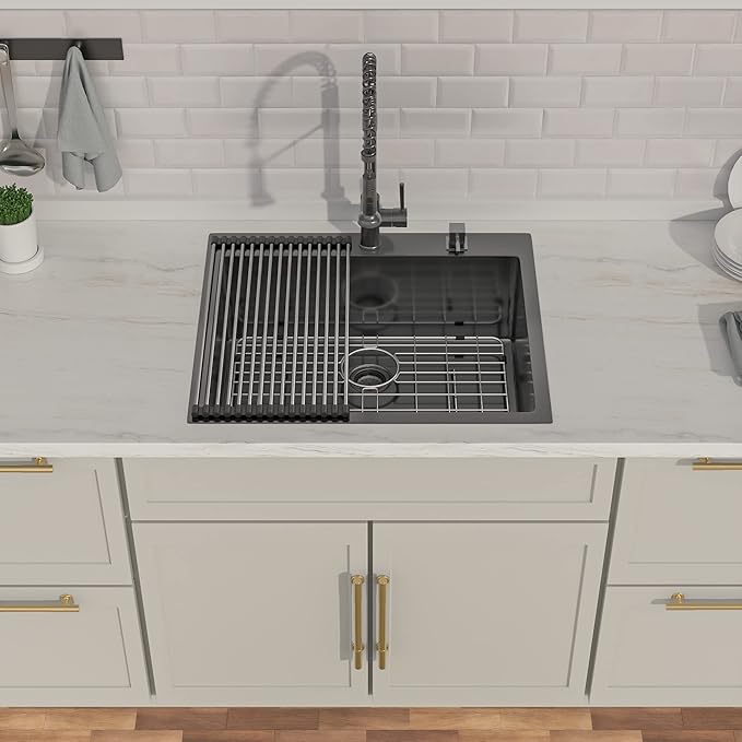 Lordear 25 Drop In Kitchen Sink 25 x 22 inch Gunmetal Black Drop Sink 16 Gauge Stainless Steel Single Bowl Topmount Over Counter Bar Prep Kitchen Sinks Basin