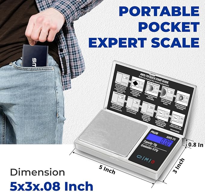 American Weigh Scales Digital Pocket Scale 70g x 0.01g with LCD Display Gram, Ounce, Carat, Grain, High Precision 0.01 g Accuracy Pocket Gram Scales for Coins, Jewellery, Gemstones, Food, Medicine